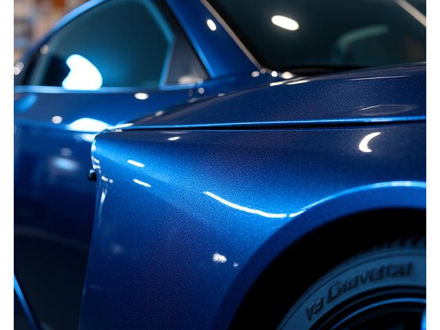 日産GT-Rのメタリックな青いペイント仕上げ